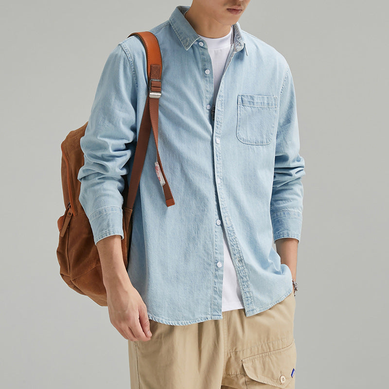 Men's Long Sleeve Solid Color Casual Thin Lapels Denim Shirt Men's Long Sleeve Solid Color Casual Thin Lapels Denim Shirt